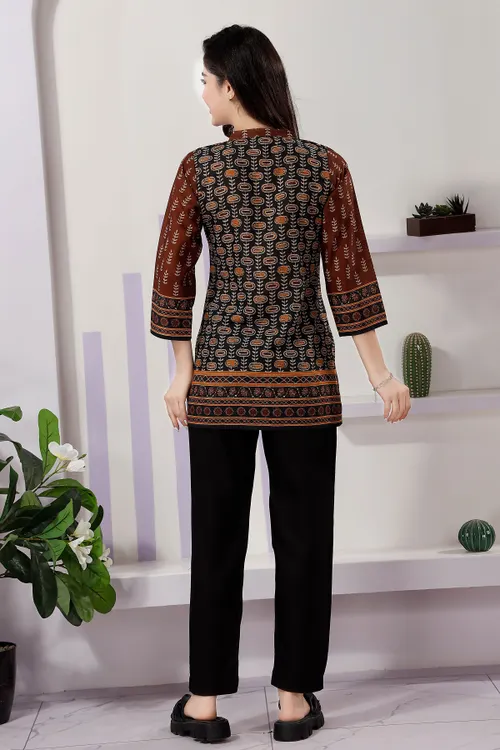 Brown Cotton Print Ban Collar Short Tunic Top