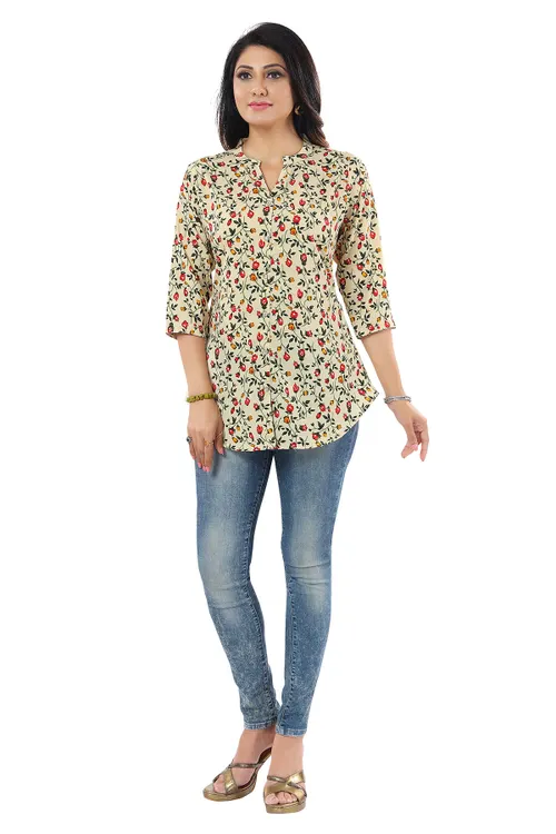 Beige Poly Crepe Short Tunic Top