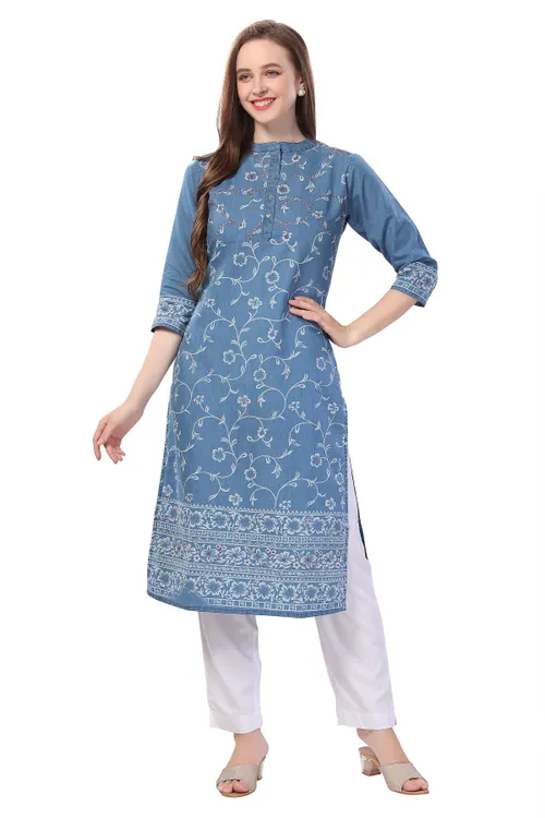 Pristine Floral Printed Denim Kurti With Thread Work