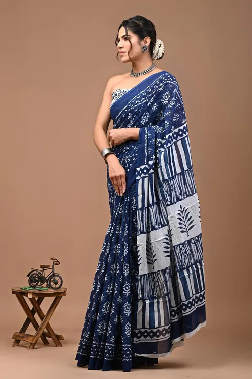 Exquisite Jaipur Indigo Hand Block Print Saree 