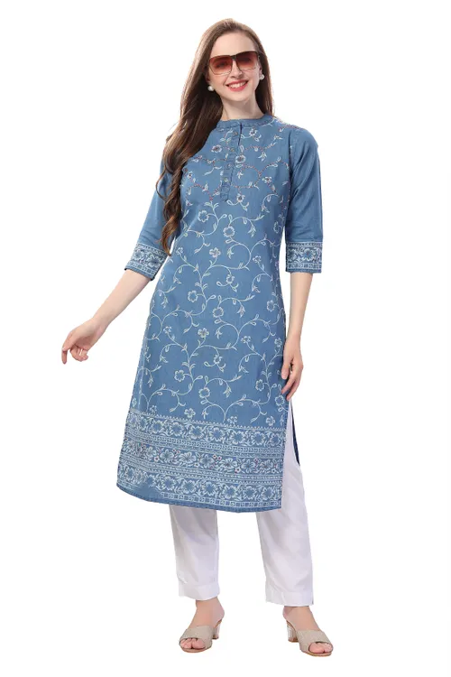 Pristine Floral Printed Denim Kurti With Thread Work