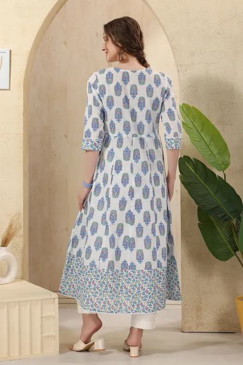 White Jaipuri Cotton Print Anarkali For Women With Laces Embellishment
