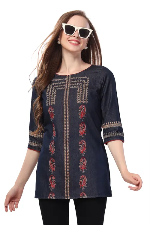 Denim Delight Short Tunic Featuring Color Wash Print and Thread Work