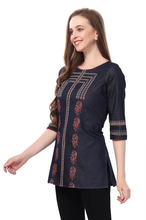 Denim Delight Short Tunic Featuring Color Wash Print and Thread Work