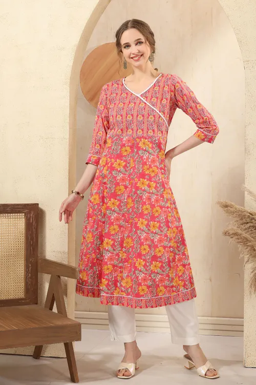 Tomato Jaipuri Cotton Print Anarkali For Women With Laces Embellishment