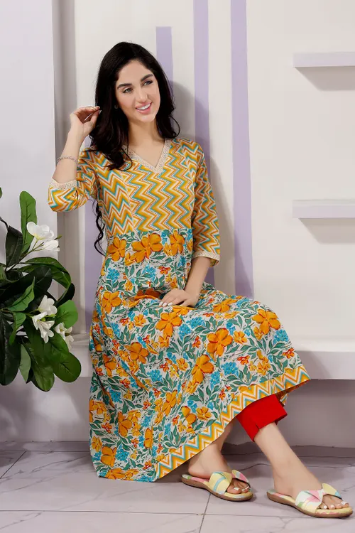 Fashionable Yellow Anarkali Kurti in Cotton with Mixed Print Patterns