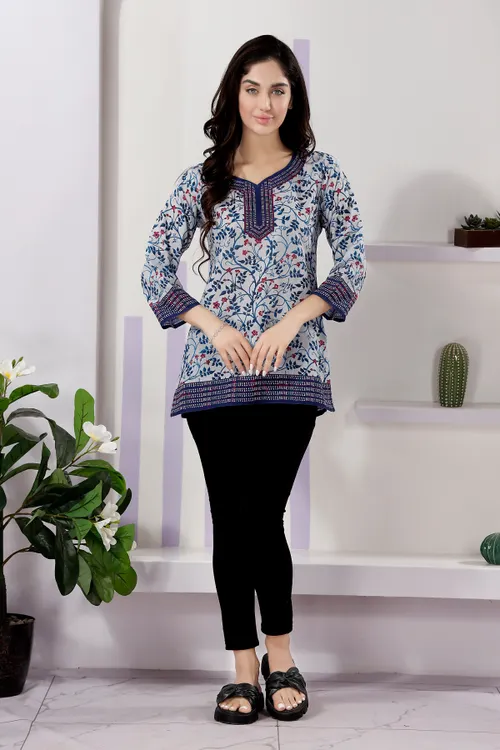 Elegant Blue Floral Print Cotton Short Kurti with Round Neck