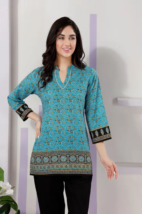 Turquoise Jaipuri Cotton Print Mandarin Collar Short Tunic Top