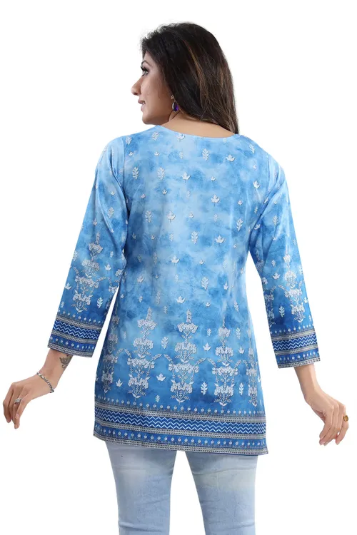 Novelista Sky Blue Faux Crepe Printed Short Kurti Tunic Top