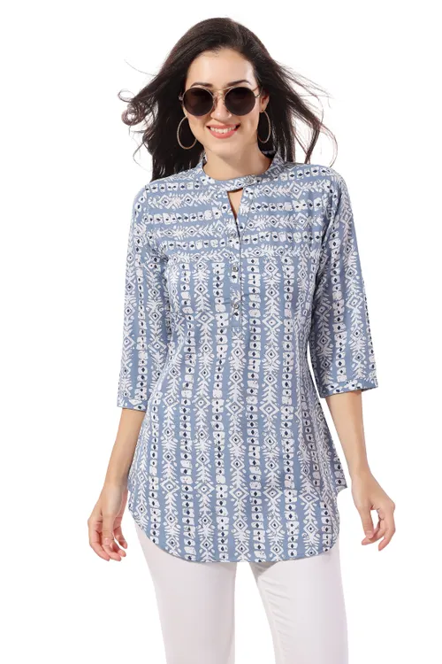 Blue Poly Crepe Short Tunic Top For Everyday Wear