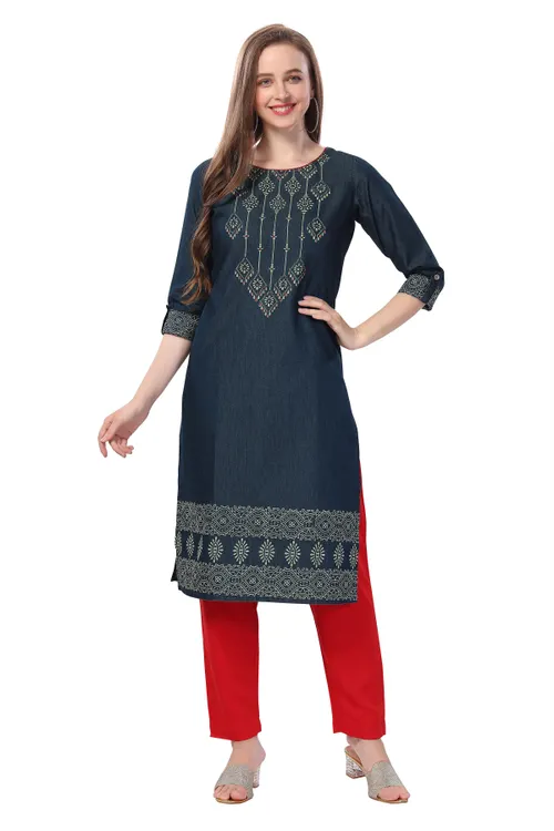 Denim Tunic with Color Wash Print and Thread Work
