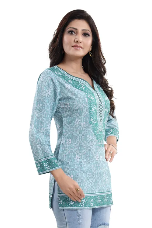 Alluring Faux Crepe Printed Short Kurti Tunic Top
