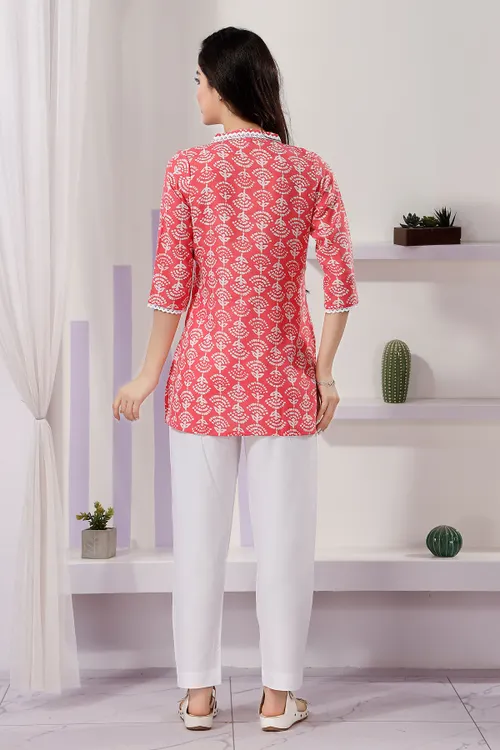Vibrant Tomato Color V Neck Kurti with Delicate Lace Embellishments