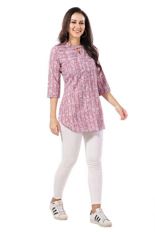 Pink Poly Crepe Short Tunic Top For Everyday Wear