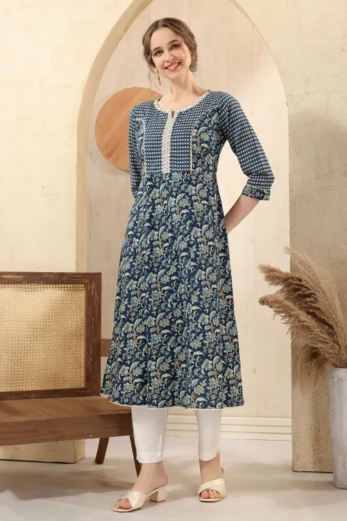 Blue Jaipuri Cotton Print Anarkali For Women With Laces Embellishment