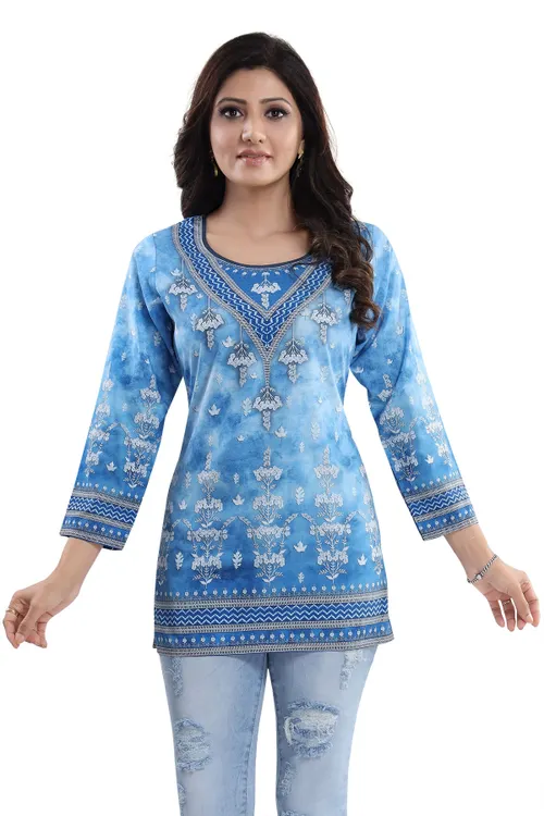 Novelista Sky Blue Faux Crepe Printed Short Kurti Tunic Top