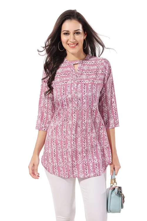 Pink Poly Crepe Short Tunic Top For Everyday Wear