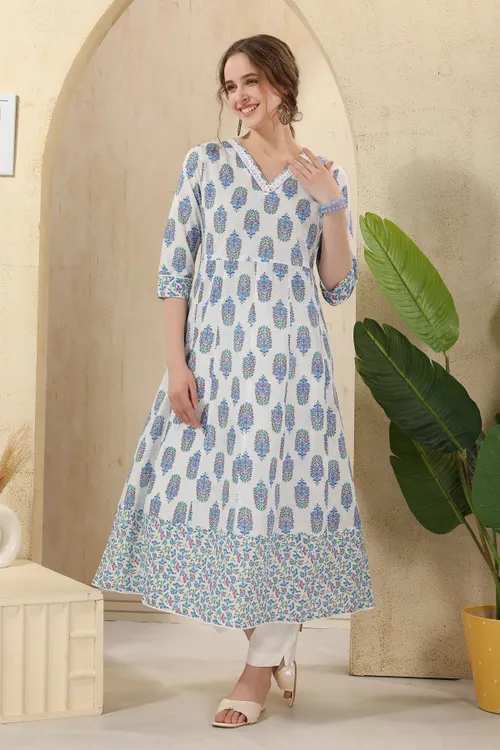White Jaipuri Cotton Print Anarkali For Women With Laces Embellishment