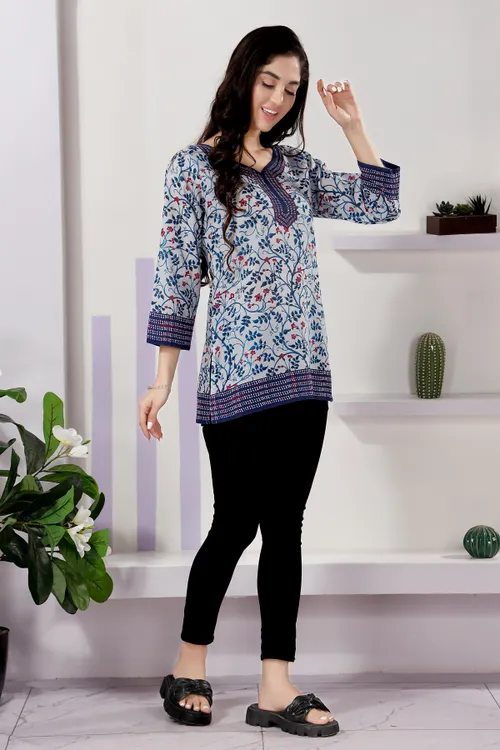 Elegant Blue Floral Print Cotton Short Kurti with Round Neck