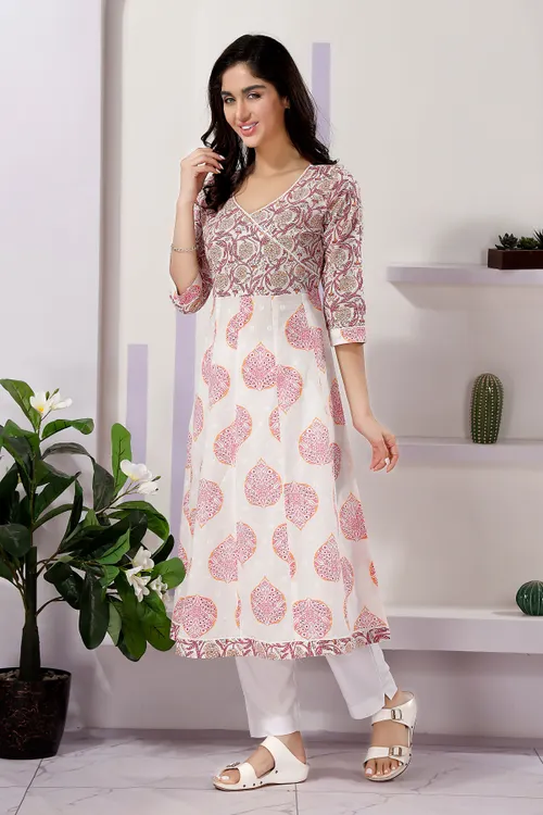 Trendy Pink White Color Cotton Anarkali Kurti with Mix N Match Prints