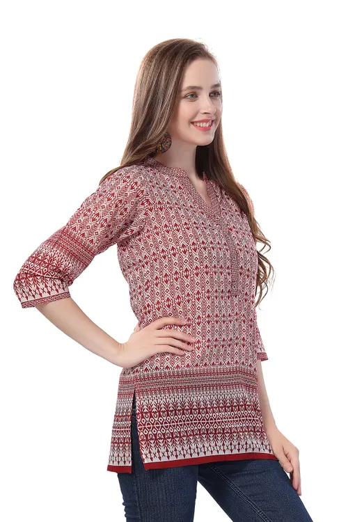 Red Blossom Cotton Print Mandarin Collar Short Tunic