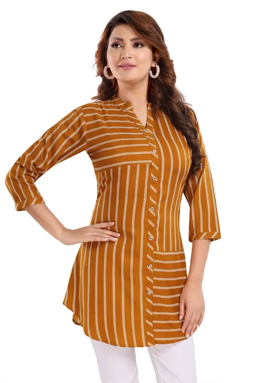 Chic Mustard Color Button Down Polyester Crepe Short Tunic Top For Women