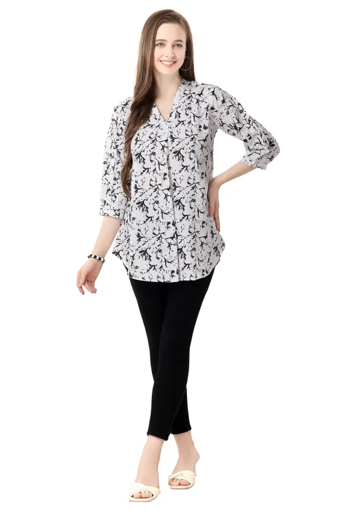 Unique Faux Crepe Tunic with Stylish Black and White Patterns