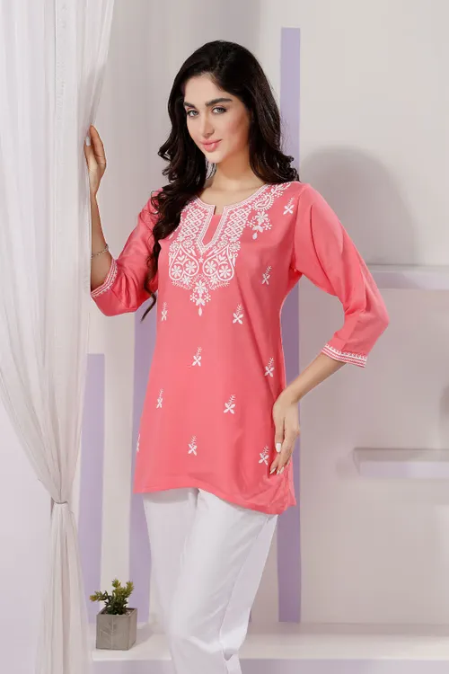 Trendy Short Kurti in Tomato Rayon Fabric with Chikankari Embroidery