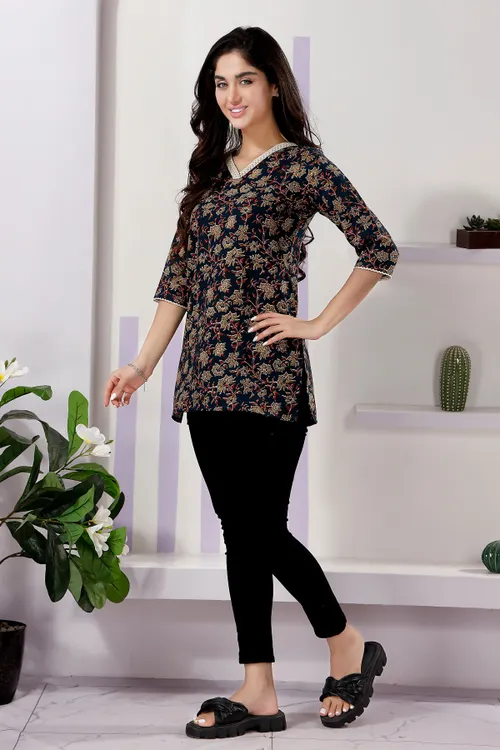 Navy Blue Short Kurti with V-Neck and Lace Features