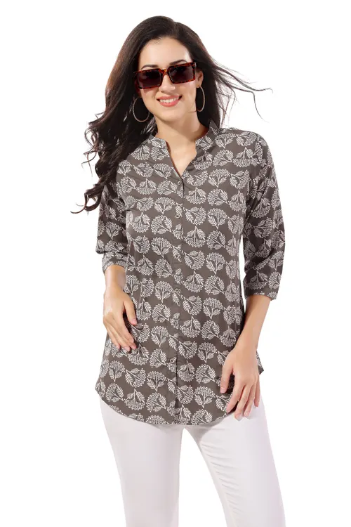Graceful Grey Poly Crepe Short Tunic Top For Everyday Wear