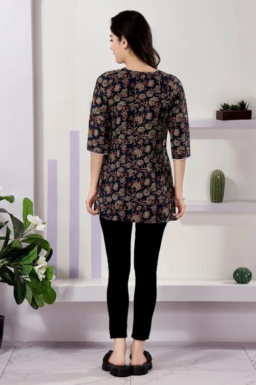Navy Blue Short Kurti with V-Neck and Lace Features