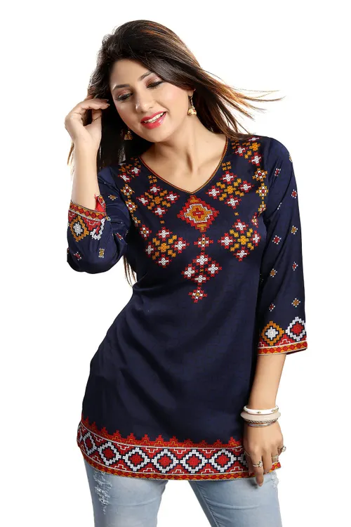 BEAUTIFUL BLUE POLY CREPE SHORT KURTI TUNIC TOP