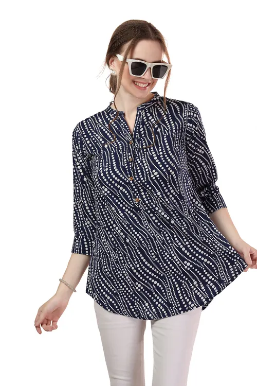 Blue Faux Crepe Tunic with Stylish Print