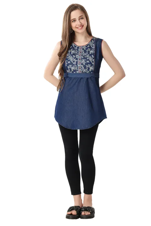 Stylish Blue Denim Sleeveless Tunic with Designer Yoke and Belt
