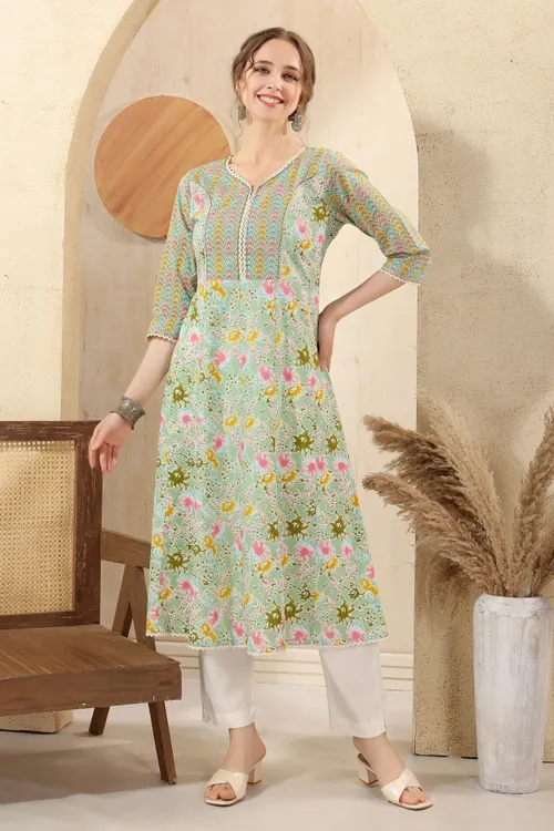 Sea Green Jaipuri Cotton Print Anarkali For Women With Laces Embellishment