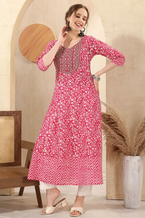 Pink Jaipuri Cotton Print Anarkali For Women With Zari Embroidery