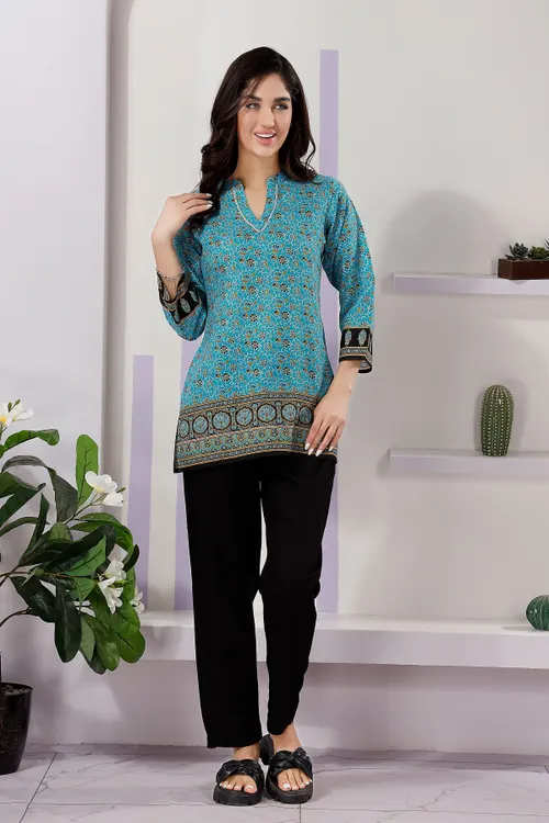 Turquoise Jaipuri Cotton Print Mandarin Collar Short Tunic Top