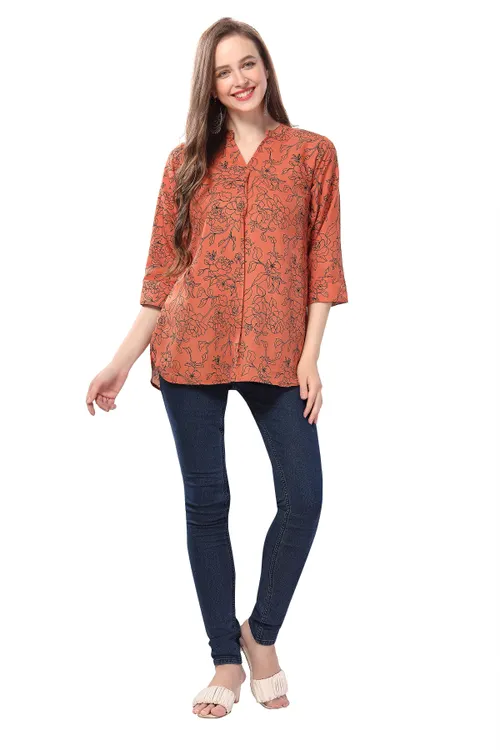 Fashionably Rustic Printed Short Tunic in Faux Crepe