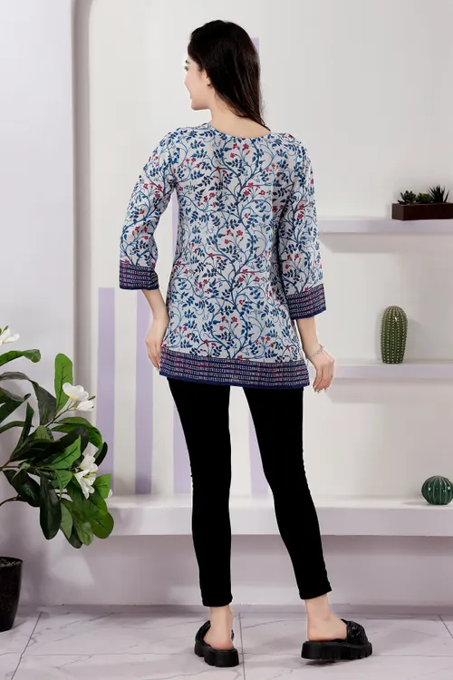 Elegant Blue Floral Print Cotton Short Kurti with Round Neck
