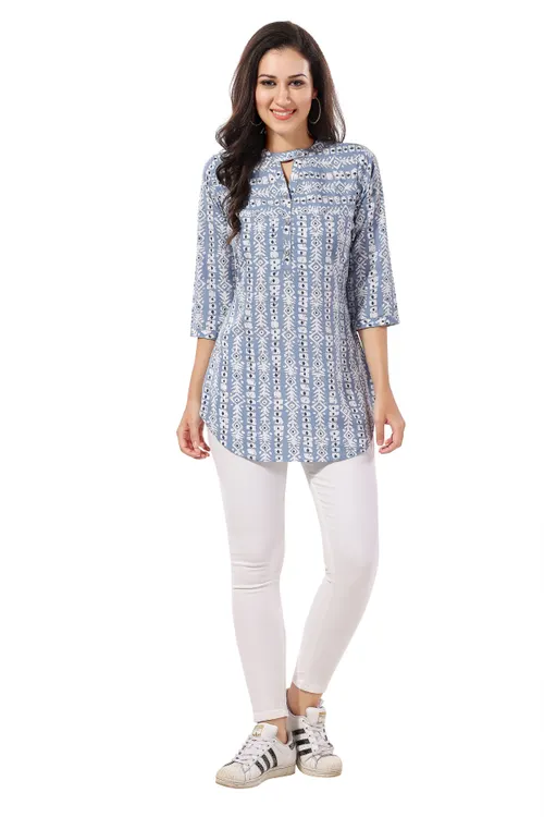 Blue Poly Crepe Short Tunic Top For Everyday Wear