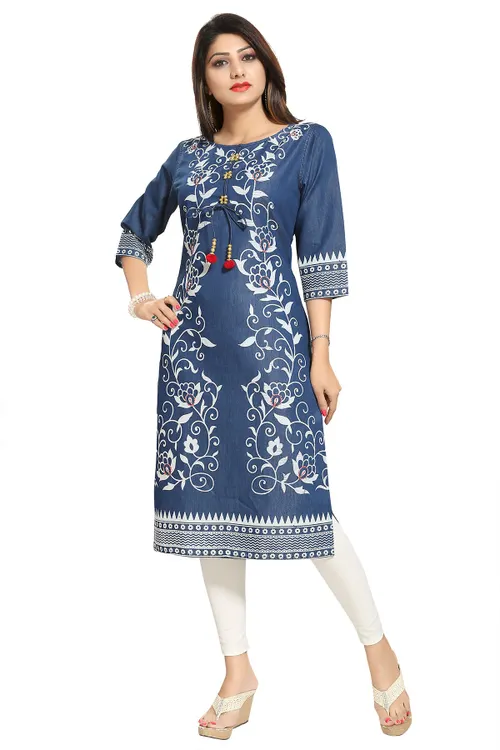 Pristine Floral Printed Denim Kurti with Pom Pom and Bead Accessory