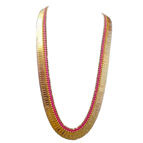 Farming Gold Plated kasu mala Long Temple Coin carved with lexmi devi Traditional Fashion pink stone Jewellery Haram necklace For Women and Girls