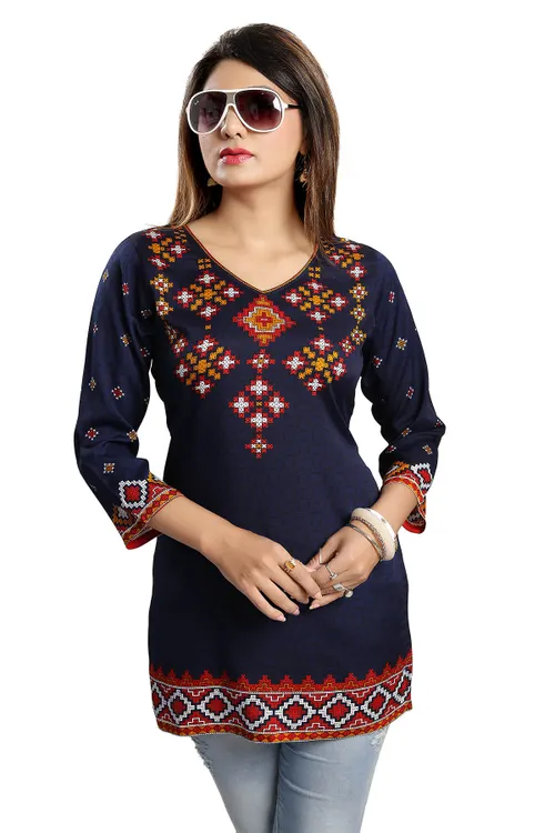 BEAUTIFUL BLUE POLY CREPE SHORT KURTI TUNIC TOP