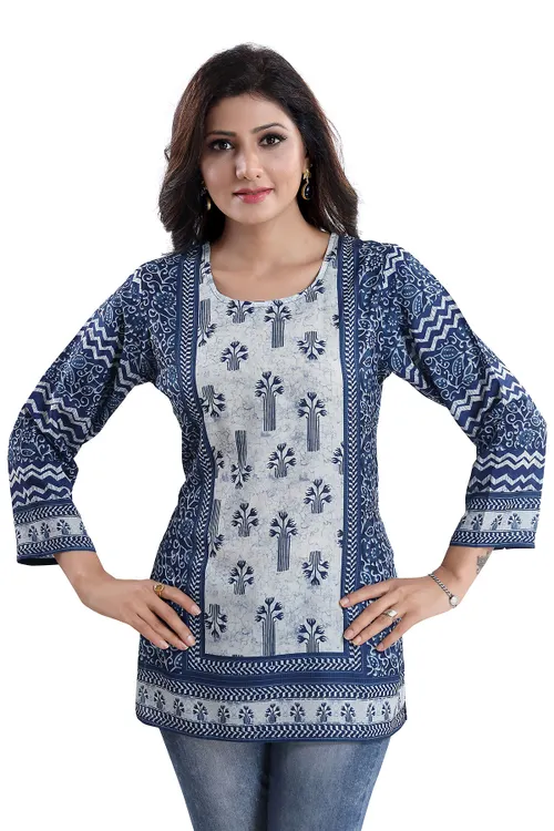 Stylista Indigo Blue Summer Cool Printed Short Kurti Tunic Top