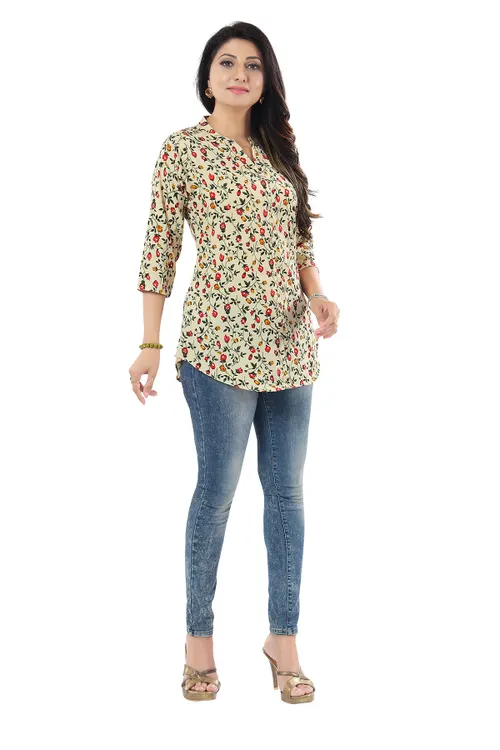 Beige Poly Crepe Short Tunic Top