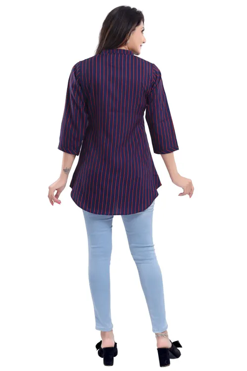 Elementary Blue and Red Striped Polyester Crepe Short Tunic Top for Women