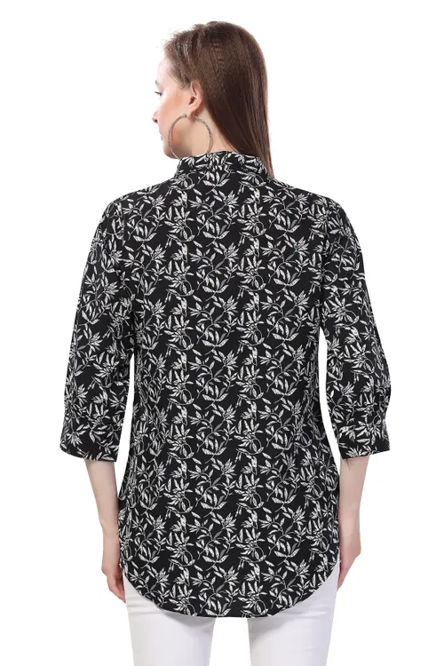 Beautiful Black Printed Polyester Crepe Short Tunic Top for Women