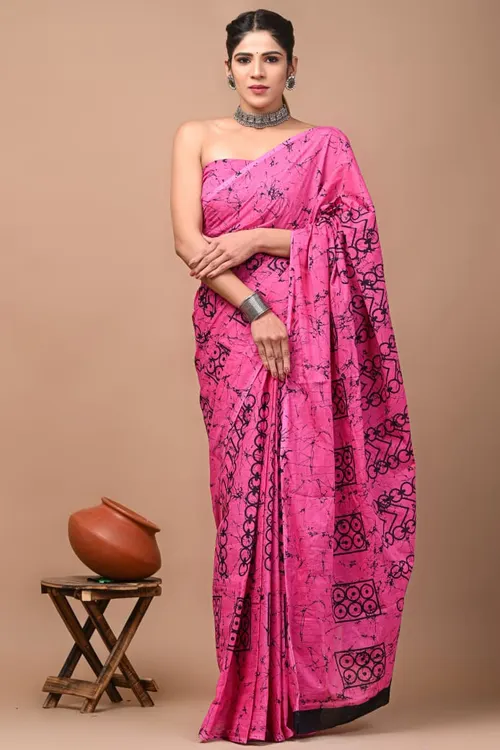 Vibrant Rani Pink & Black Batik Cotton Saree | Unique Abstract Design Mulmul Saree