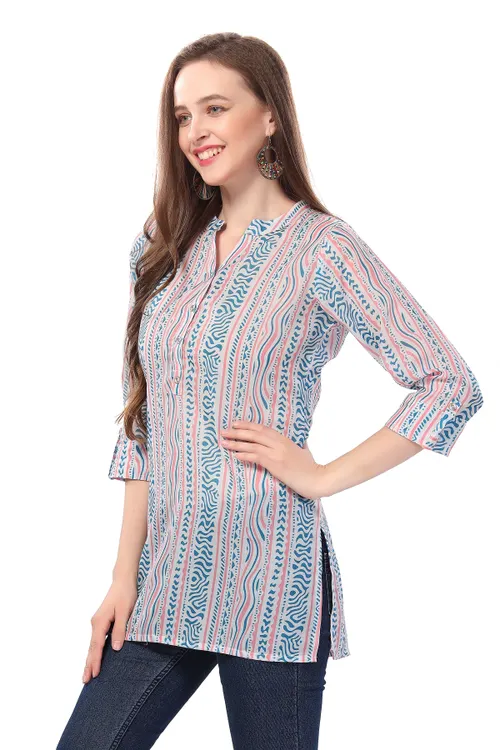 Abstract Allure Blue Geometric Print Mandarin Collar Tunic
