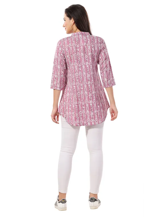 Pink Poly Crepe Short Tunic Top For Everyday Wear